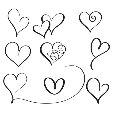 Conjunto de corazones vintage de caligrafía florecer. Dibujado a mano ilustración vectorial EPS 10 vector