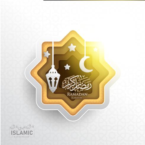 Ramadan Kareem Background paper art or paper cut style with Fanoos lantern, Crescent moon & Mosque Background. For Web banner, greeting card & Promotion template in Ramadan Holidays 2019. vector