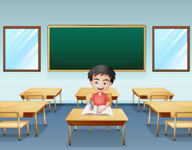 Un niño dentro de un aula con una tabla vacía en la parte posterior. vector