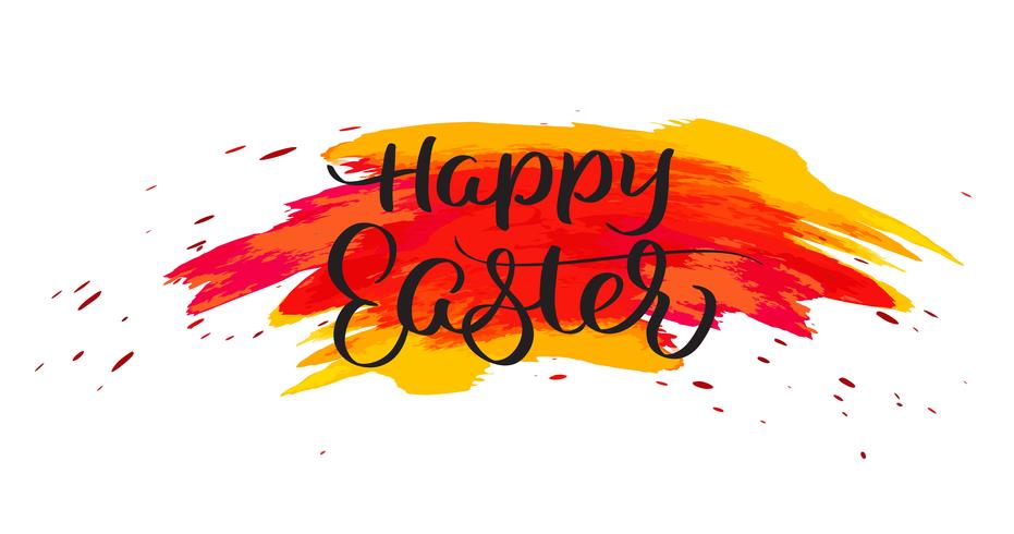 Happy Easter text on watercolor red blots. Hand drawn Calligraphy lettering Vector illustration EPS10
