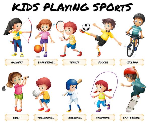 Niños y niñas practicando deportes. vector