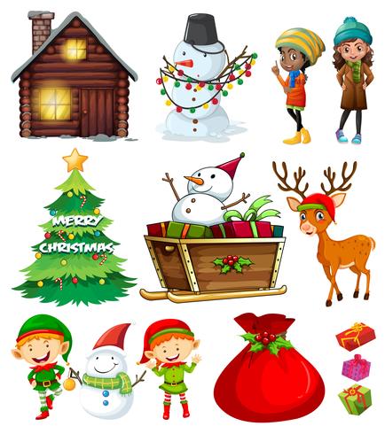 Christmas elements with tree and many characters vector