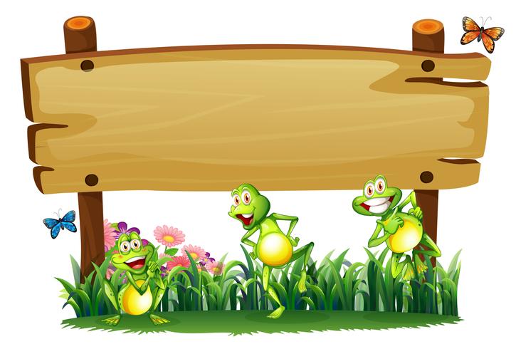 An empty wooden board at the garden with playful frogs vector