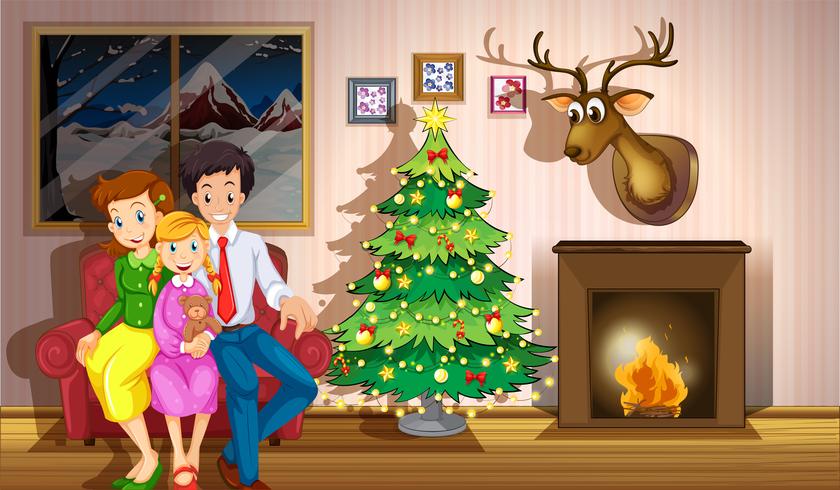 Una familia dentro de la habitación con un árbol de navidad. vector