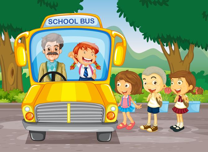 Children getting on school bus vector