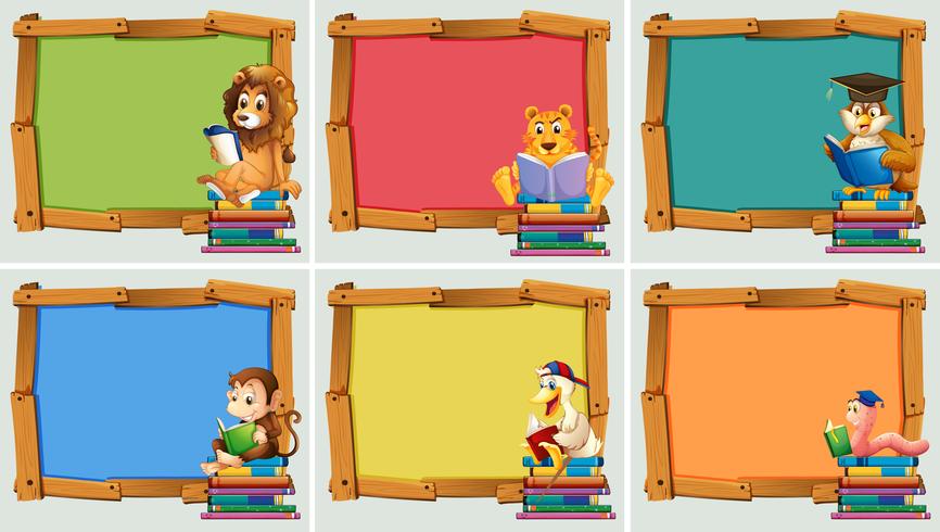 Wooden frames with animals reading books vector