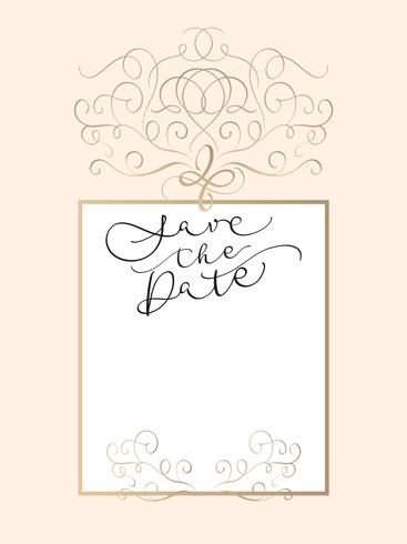 Save the date text in frame on beige background. Calligraphy lettering Vector illustration EPS10