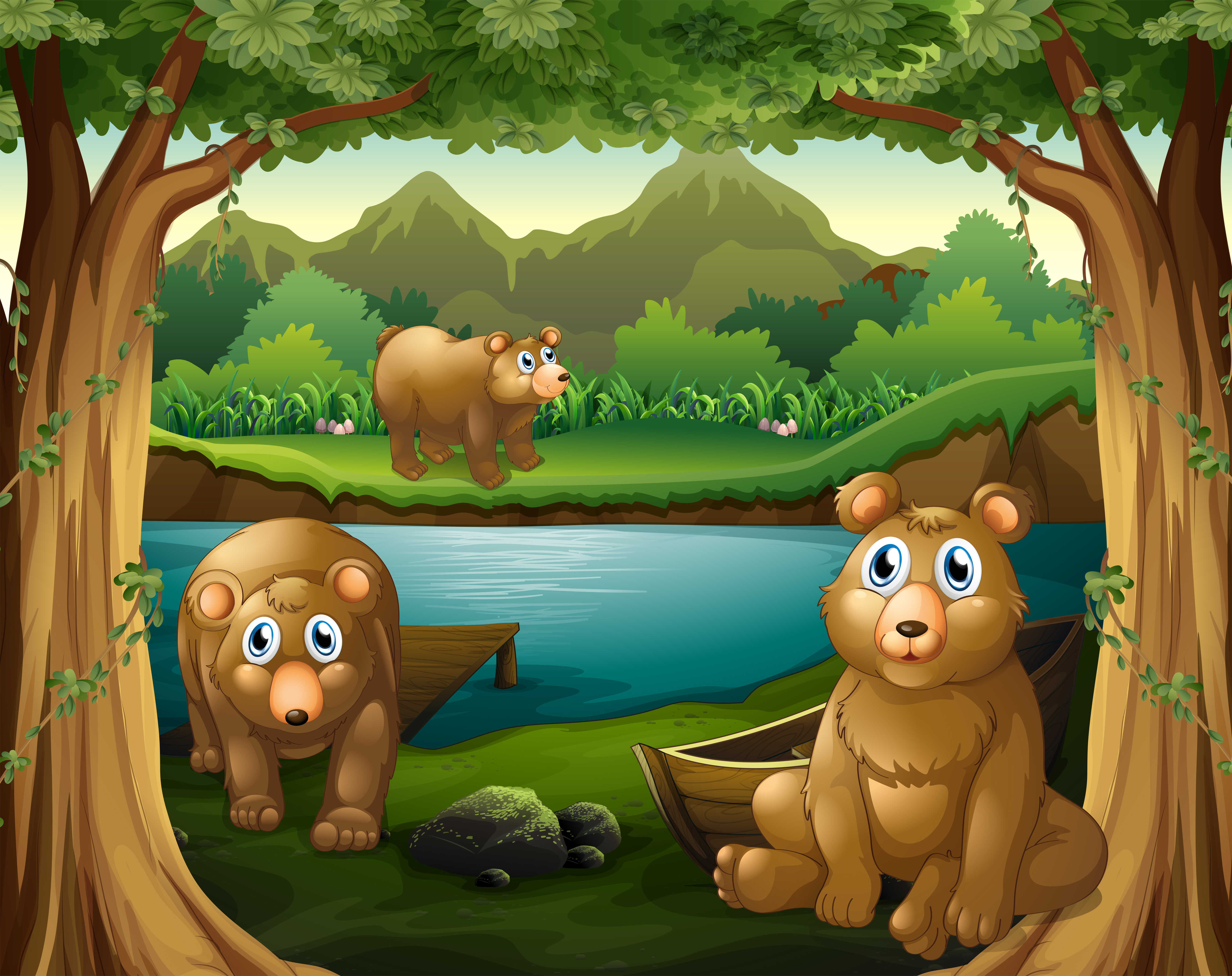 Three bears living by the river 417172 Vector Art at Vecteezy