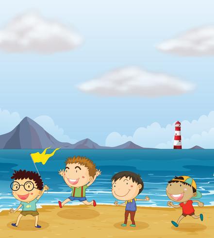 Four boys playing at the beach vector