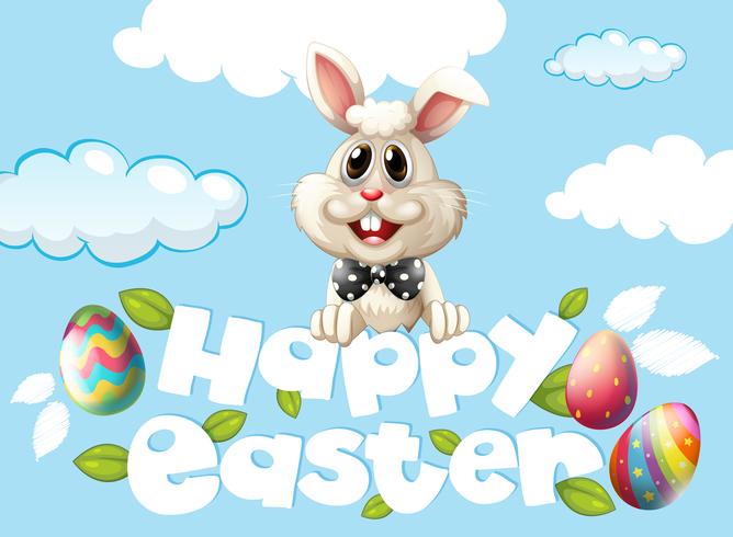 Happy Easter card template with bunny and eggs in the sky vector