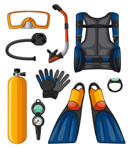 Diferentes equipos para buceo. vector