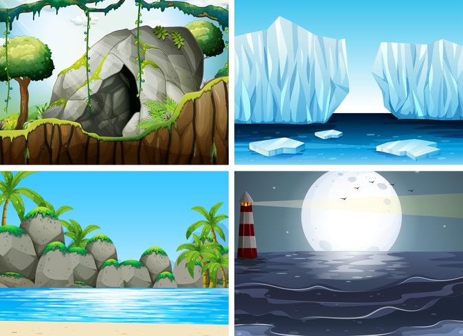 Four different scenes with ocean and moutain vector