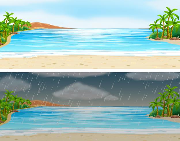 Two scenes of ocean on sunny and rainy days vector