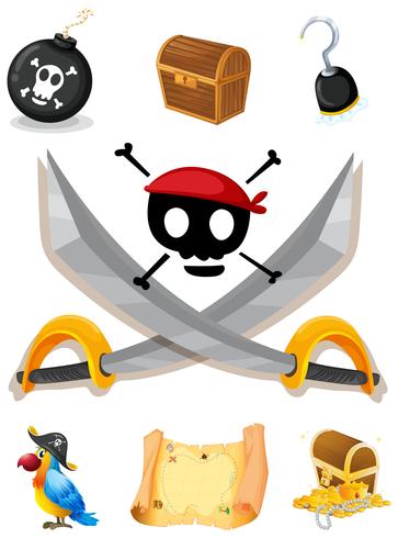 Elementos piratas con armas y mapa. vector