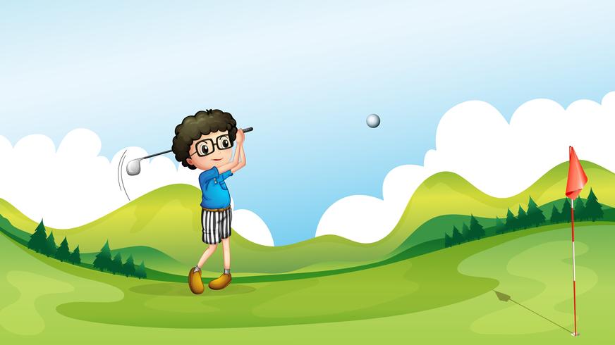 Un niño jugando al golf en el campo. vector