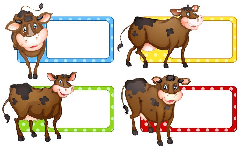 Etiquetas cuadradas con vacas marrones. vector