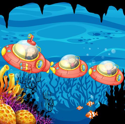 Children riding submarine underwater vector
