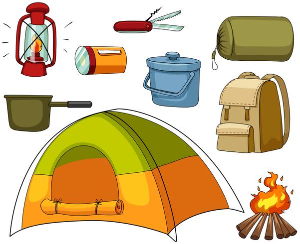 Set de camping con tienda y equipamientos. vector