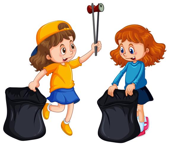 Two girls picking up trash vector