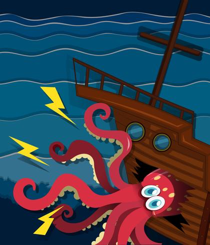 Giant octopus crashing a ship vector