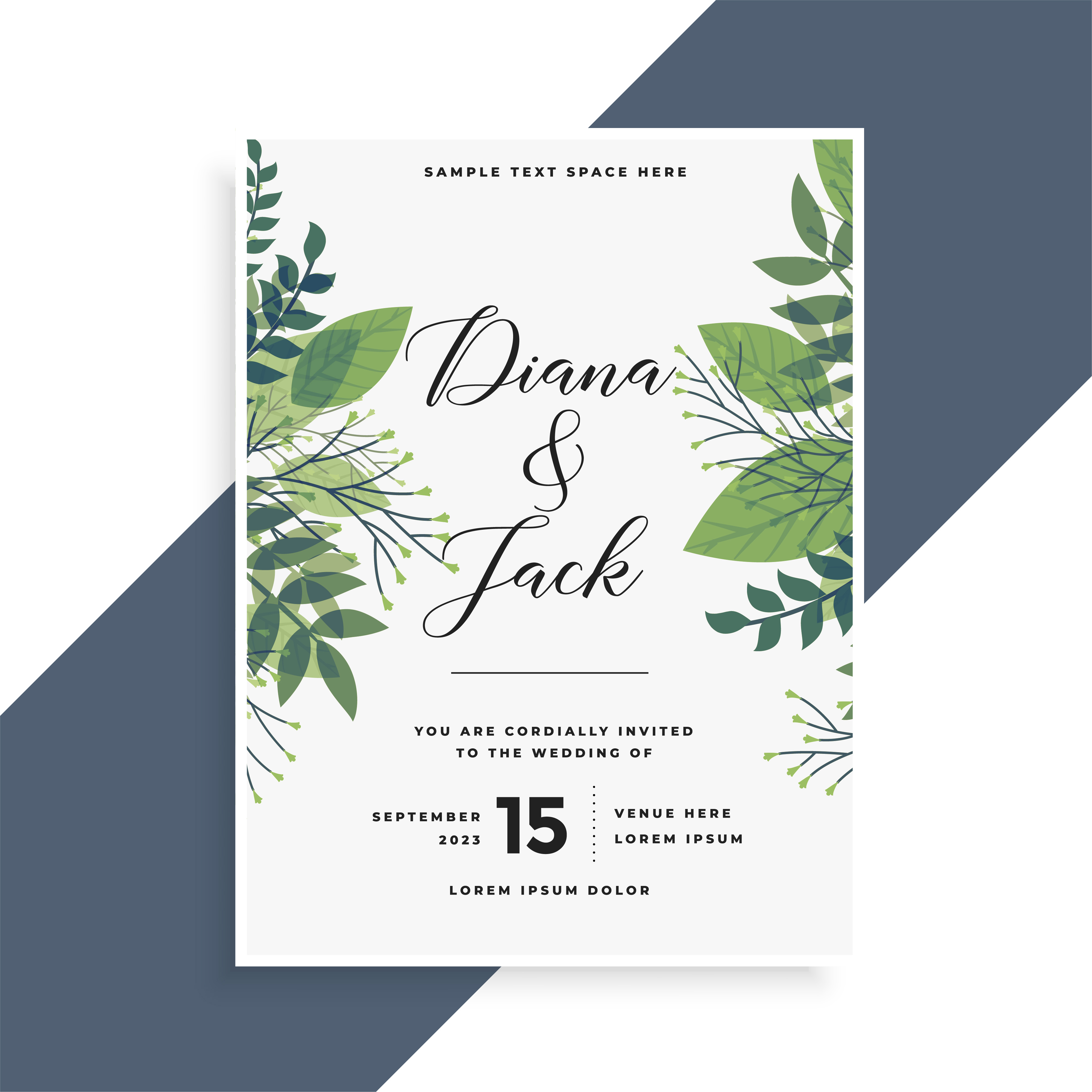 beautiful green leaves wedding invitation card design Download Free