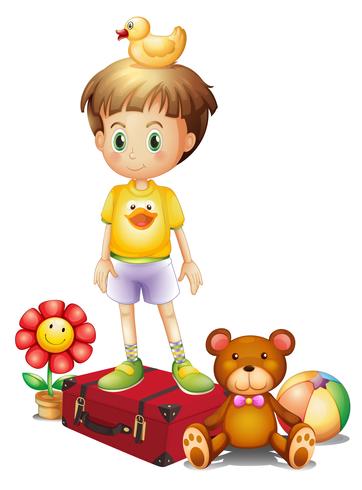 A boy above the red box with his different toys vector