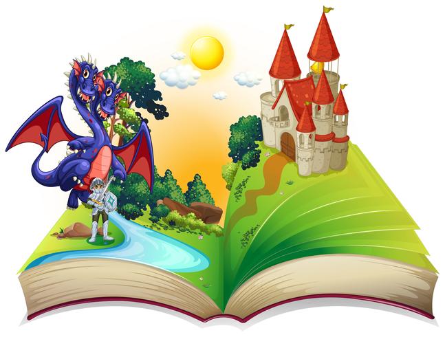 Libro de cuentos de hadas con caballero y dragón. vector