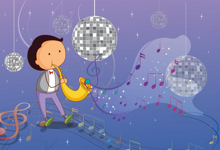 Un hombre tocando la trompeta con luces de discoteca. vector