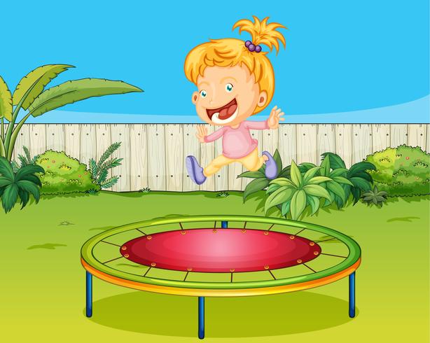 Una niña saltando en un trampolín. vector