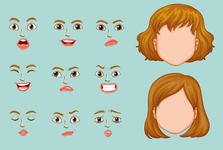 Caras de mujer con diferentes expresiones. vector