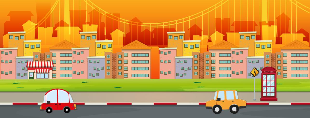 City scene with buildings and cars on the road vector