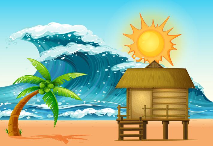 Scene with cabin and big waves vector