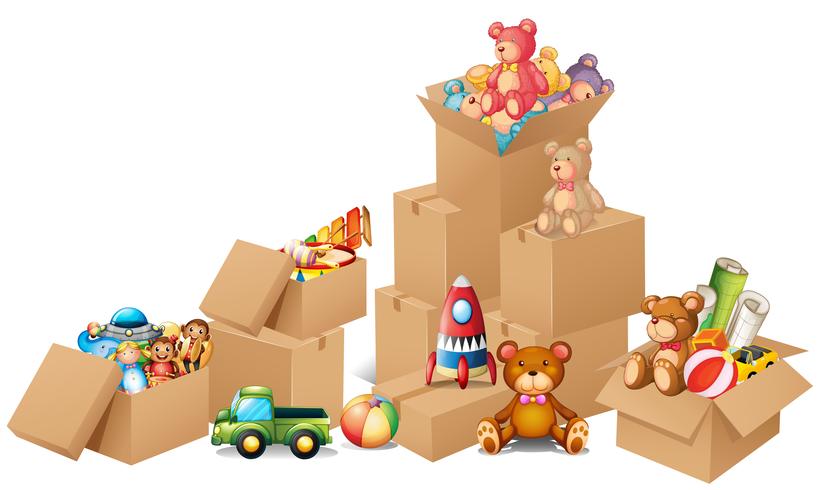 Boxes full of toys and bears vector