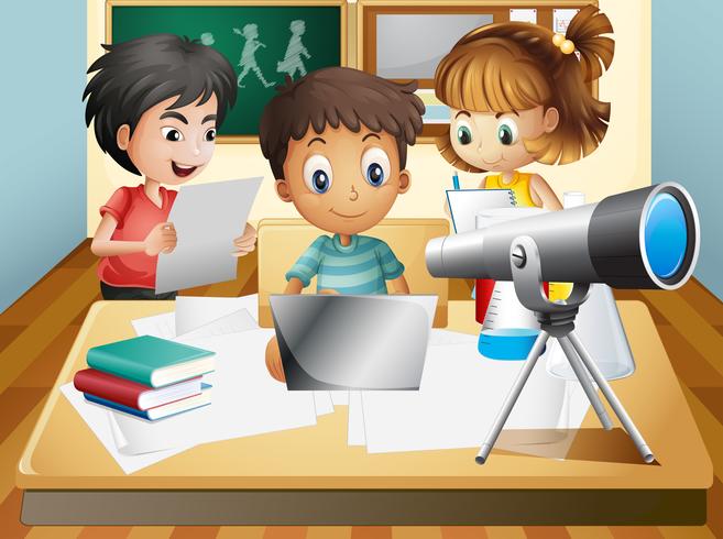 Tres niños trabajando en grupo en la escuela. vector