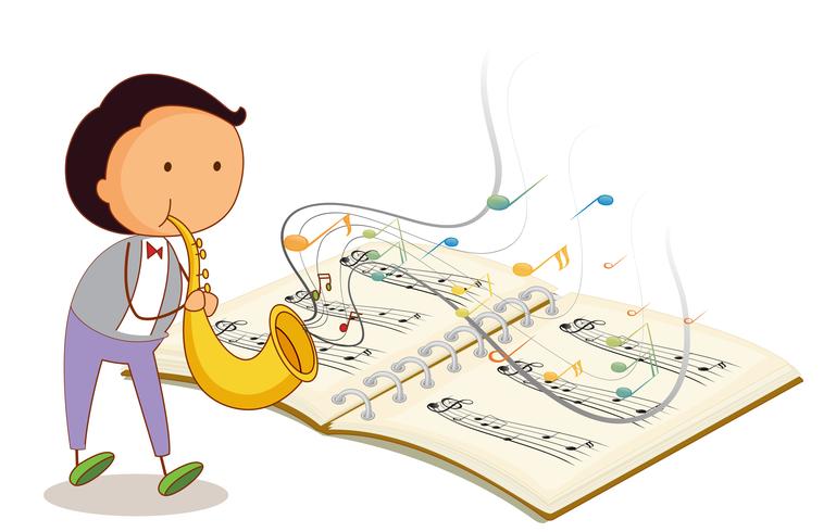 A musician holding a trumpet with a musical notebook vector