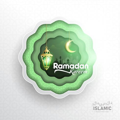 Ramadan Kareem Background arte de papel o estilo de corte de papel con linterna Fanoos, luna creciente y fondo de Mezquita. Para banner de web, tarjeta de felicitación y plantilla de promoción en Ramadan Holidays 2019. vector