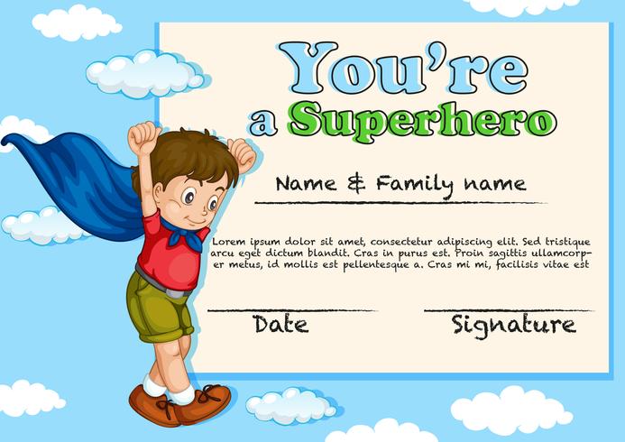 Certificate design with boy being superhero vector