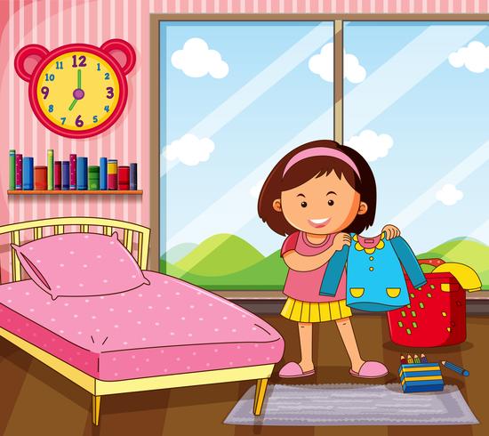 Little girl getting dress in bedroom vector