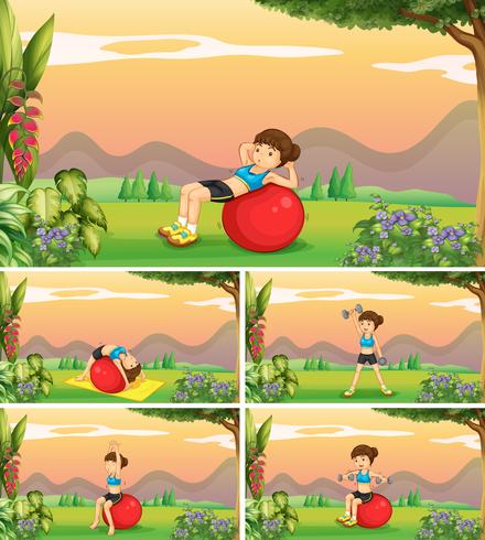 Woman doing different positions of yoga vector