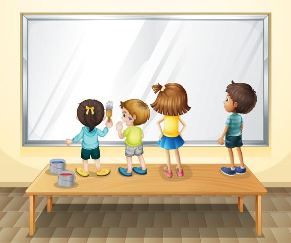 Children painting on the whiteboard vector