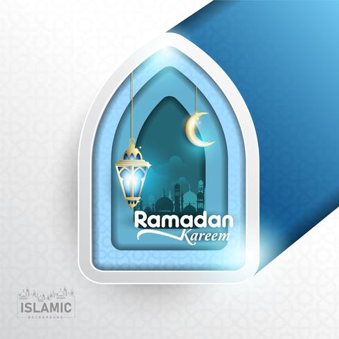 Ramadan Kareem Background paper art or paper cut style with Fanoos lantern, Crescent moon  Mosque Background. For Web banner, greeting card  Promotion template in Ramadan Holidays 2019. vector