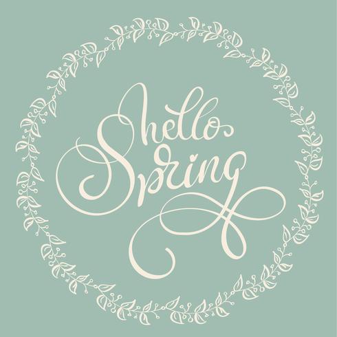 Hello Spring text on light green background. Calligraphy lettering Vector illustration EPS10