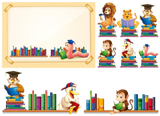 Paper frame and many animals reading books vector