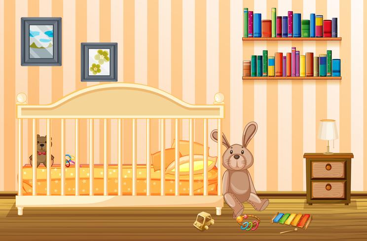 Bedroom scene with babycot and kid items vector