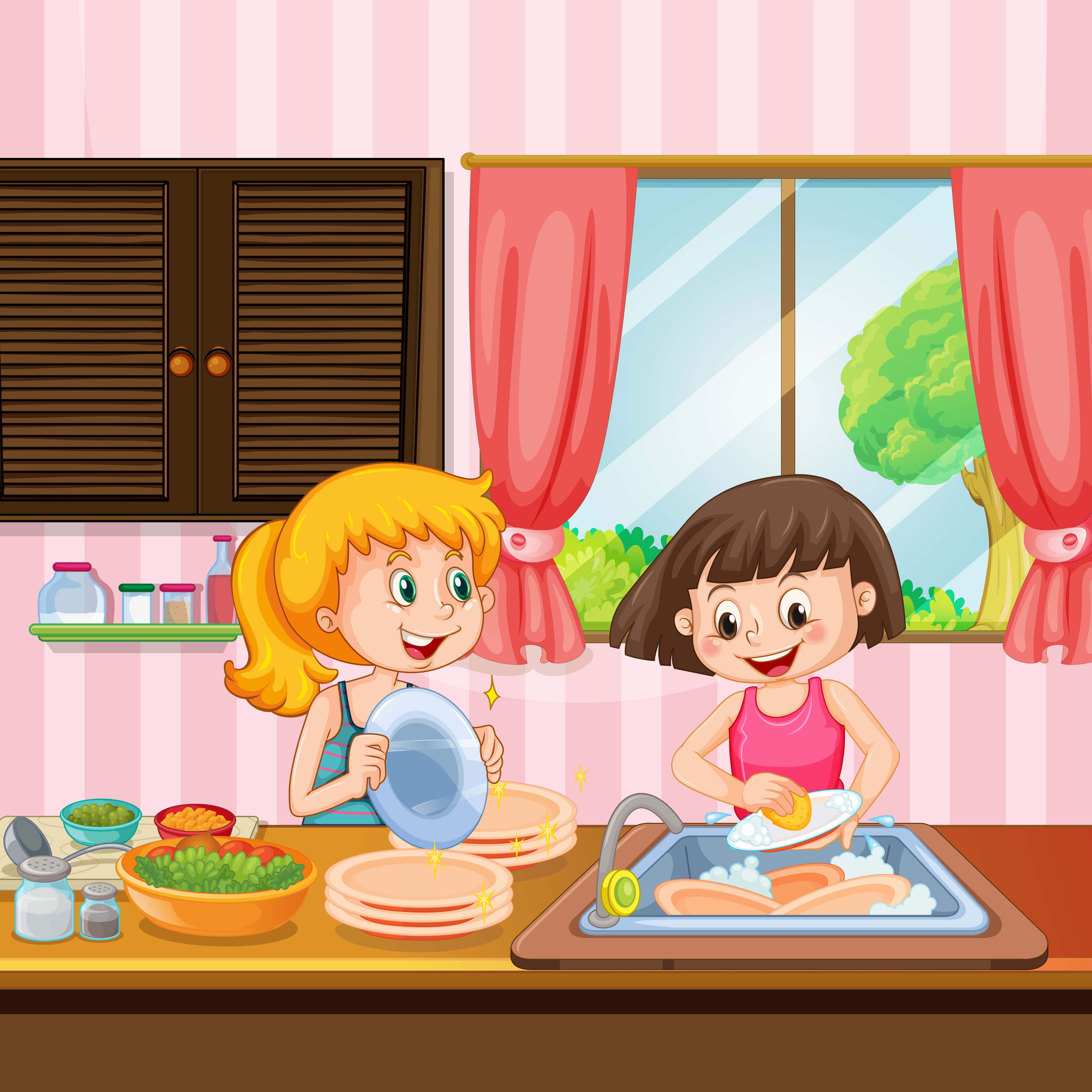 Sister Cleaning Dishes in Kitchen 417567 Vector Art at Vecteezy