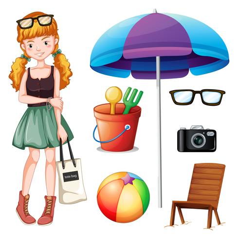 Hipster girl and beach objects vector