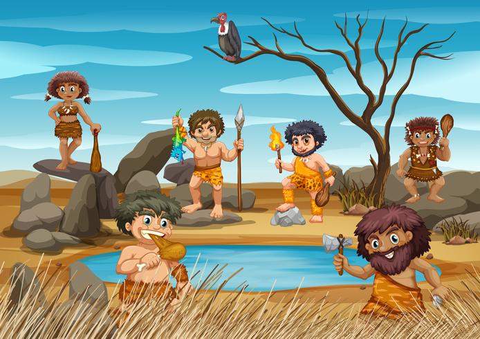 Cavemen living by the pond vector