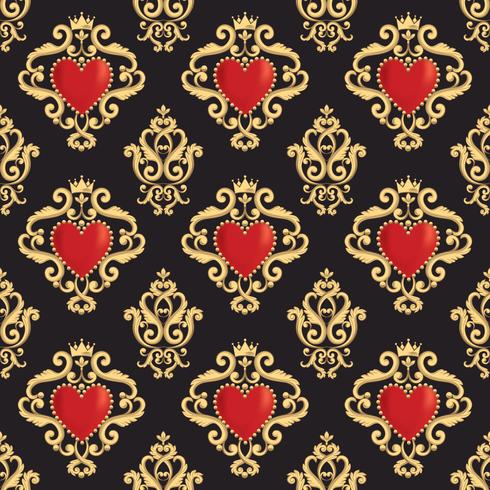 Damask pattern with beautiful ornamental red hearts  vector