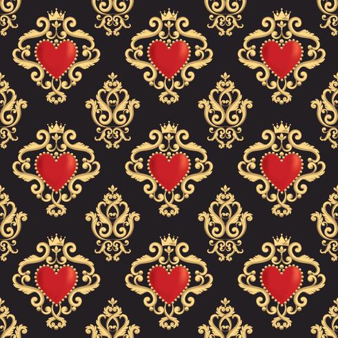 Damask pattern with beautiful ornamental red hearts  vector