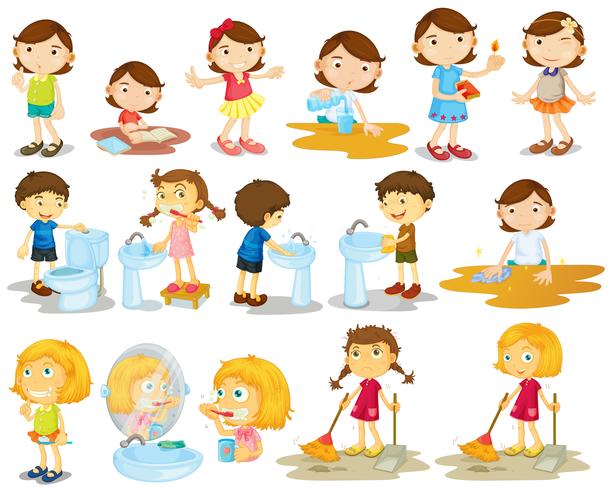 Girls and boys doing chores vector